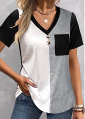 ROTITA Plus Size Patchwork Black V Neck T Shirt