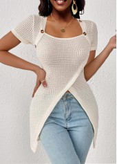 Beigefarbenes kurzärmliges T-Shirt mit Rotita-Knopf und quadratischem Ausschnitt