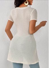 Beige tops,Plain Color tops,ROTITA Button Beige Square Neck Short Sleeve T Shirt