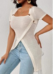 Beige tops,Plain Color tops,ROTITA Button Beige Square Neck Short Sleeve T Shirt