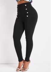 Black bottoms,Plain Color bottoms,Button Black Skinny Elastic Waist High Waisted Pants