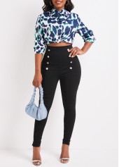 Black bottoms,Plain Color bottoms,Button Black Skinny Elastic Waist High Waisted Pants