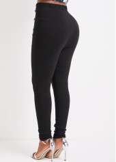 Black bottoms,Plain Color bottoms,Button Black Skinny Elastic Waist High Waisted Pants
