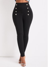 Black bottoms,Plain Color bottoms,Button Black Skinny Elastic Waist High Waisted Pants