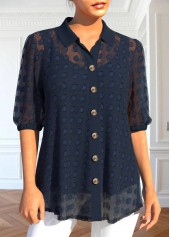 Navy plus size,Plain Color plus size,ROTITA Plus Size Button Navy Shirt Collar Blouse