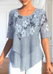 Grey plus size,Floral plus size,ROTITA Plus Size Layered Grey Floral Print Blouse