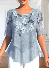 ROTITA Plus Size Layered Grey Floral Print Blouse