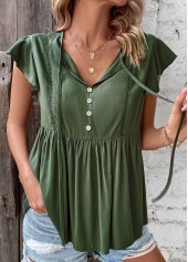 Ruched Blackish Green V Neck T Shirt