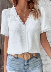 White tops,Plain Color tops,Lace Patchwork White V Neck T Shirt