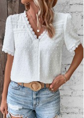 White tops,Plain Color tops,Lace Patchwork White V Neck T Shirt