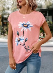 Pink tops,Floral tops,Plants tops,Floral Print Pink Round Neck T Shirt