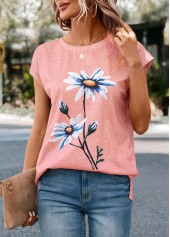 Pink tops,Floral tops,Plants tops,Floral Print Pink Round Neck T Shirt