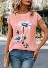 Pink tops,Floral tops,Plants tops,Floral Print Pink Round Neck T Shirt