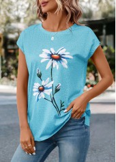 Sky Blue tops,Floral tops,Plants tops,Floral Print Sky Blue Round Neck T Shirt