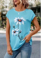 Sky Blue tops,Floral tops,Plants tops,Floral Print Sky Blue Round Neck T Shirt