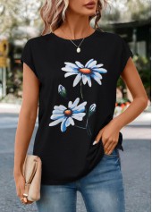 Floral Print Black Round Neck T Shirt