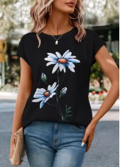 Black tops,Floral tops,Floral Print Black Round Neck T Shirt