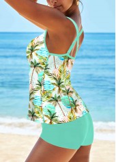 Light Green swimwear,Plants swimwear,Striped swimwear,ROTITA Drawstring Light Green Leaf Print Tankini Set