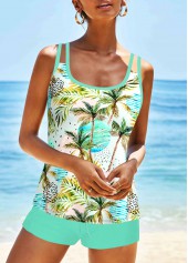 Light Green swimwear,Plants swimwear,Striped swimwear,ROTITA Drawstring Light Green Leaf Print Tankini Set