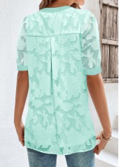 Mint Green tops,Plain Color tops,ROTITA Button Mint Green Split Neck Short Sleeve Blouse