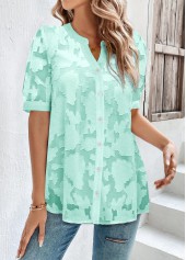 Mint Green tops,Plain Color tops,ROTITA Button Mint Green Split Neck Short Sleeve Blouse