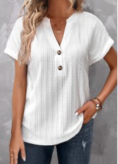 ROTITA Button White Split Neck Short Sleeve T Shirt
