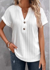 White tops,Plain Color tops,ROTITA Button White Split Neck Short Sleeve T Shirt