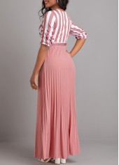 Pink dresses,White dresses,Geometric dresses,Striped dresses,ROTITA Button Geometric Print Pink Belted Maxi Dress