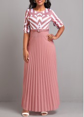 Pink dresses,White dresses,Geometric dresses,Striped dresses,ROTITA Button Geometric Print Pink Belted Maxi Dress