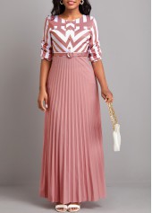 Pink dresses,White dresses,Geometric dresses,Striped dresses,ROTITA Button Geometric Print Pink Belted Maxi Dress