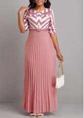 ROTITA Button Geometric Print Pink Belted Maxi Dress