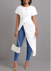 White tops,Plain Color tops,Twist White Round Neck Short Sleeve Blouse