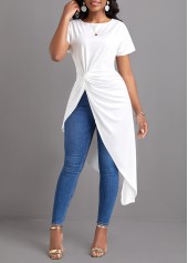 White tops,Plain Color tops,Twist White Round Neck Short Sleeve Blouse