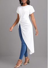 White tops,Plain Color tops,Twist White Round Neck Short Sleeve Blouse