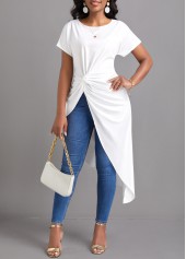 Twist White Round Neck Short Sleeve Blouse
