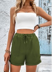 Olive Green bottoms,Plain Color bottoms,Pocket Olive Green Drawastring High Waisted Shorts