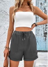 Grey bottoms,Plain Color bottoms,Pocket Grey Drawastring High Waisted Shorts