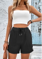 Black bottoms,Plain Color bottoms,Pocket Black Drawastring High Waisted Shorts