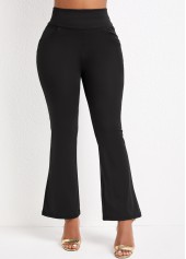 Black bottoms,Plain Color bottoms,Pocket Black Flare Leg Elastic Waist Pants