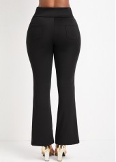 Black bottoms,Plain Color bottoms,Pocket Black Flare Leg Elastic Waist Pants