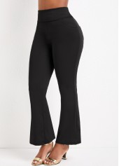 Black bottoms,Plain Color bottoms,Pocket Black Flare Leg Elastic Waist Pants