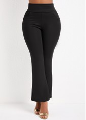 Black bottoms,Plain Color bottoms,Pocket Black Flare Leg Elastic Waist Pants