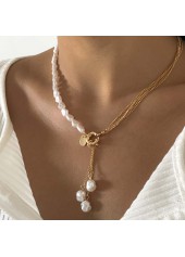 Gold jewelry,White jewelry,Contrast Color jewelry,Asymmetric Pearl Detail Gold Chain Necklace