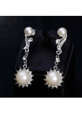 Silvery White jewelry,Geometric jewelry,Pearl Detail Silvery White Geometric Pattern Earrings and Necklace