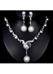 Silvery White jewelry,Geometric jewelry,Pearl Detail Silvery White Geometric Pattern Earrings and Necklace