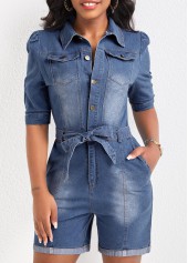Pocket Denim Blue Belted Short Skinny Romper