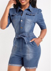 Denim Blue jumpsuits & rompers,Plain Color jumpsuits & rompers,Pocket Denim Blue Belted Short Skinny Romper