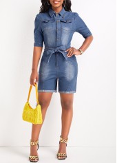 Denim Blue jumpsuits & rompers,Plain Color jumpsuits & rompers,Pocket Denim Blue Belted Short Skinny Romper