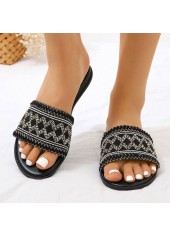 Black Geometric Pattern Falt Open Toe Slippers
