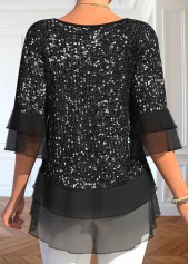 Black tops,Plain Color tops,ROTITA Sequin Black Round Neck Half Sleeve T Shirt